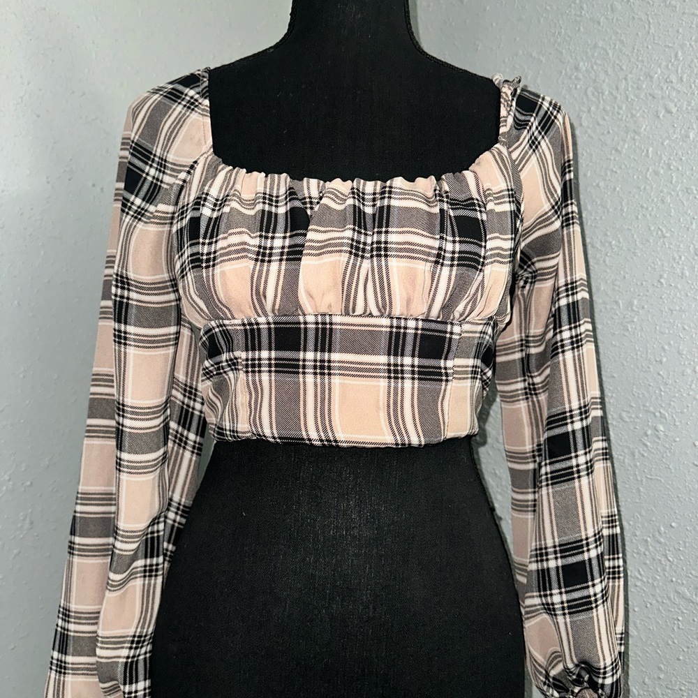 Active USA Black and Cream Plaid Blouse